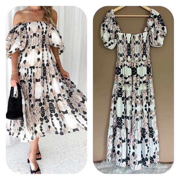 Sunday Up Dresses & Skirts - {Sunday Up} Smocked Off The Shoulder Puff Sleeve Floral Midi Dress - Size Small